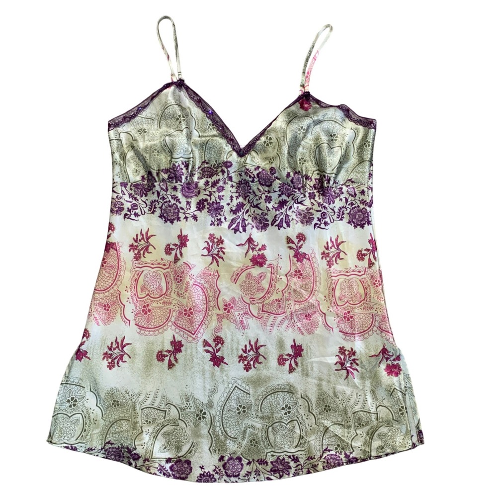 Xhilaration‎ Cami Top Large Paisley Satin Beaded Lace Trim Purple Fairy